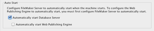 FileMaker Server Administration Console Auto Start settings